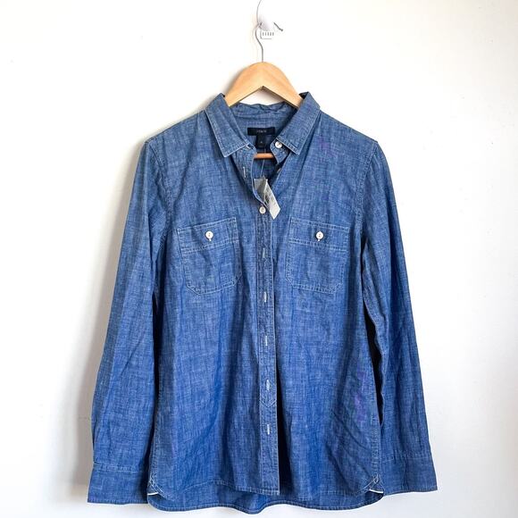 J Crew Chambray Button Up Womens Shirt Size 12 Blue Cotton Preppy Academia Work - Picture 1 of 6